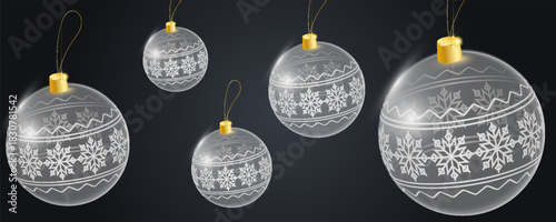 Glass bauble set. 3D transparent Christmas balls hanging for Christmas and New Year celebrations. vector illustrations