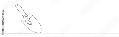 A continuous one-line drawing of a garden trowel, representing gardening, planting, and nature