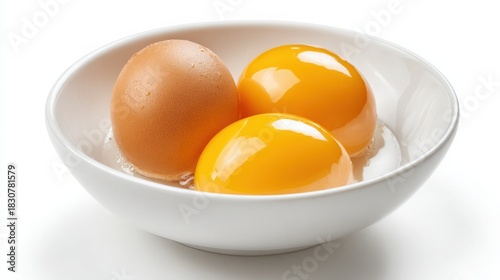 Three raw eggs with perfect golden yolks in a white bowl