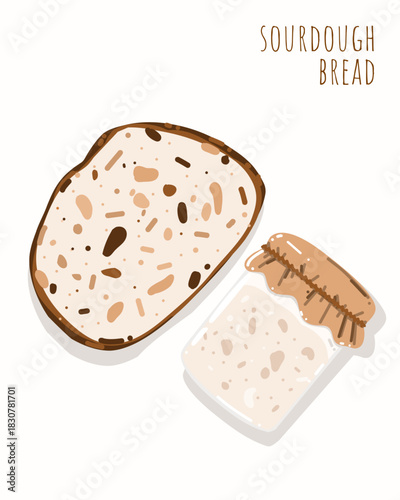 Sourdough Bread Slice and Ferment Jar Tasty Simple Modern Flat Vector Template Poster