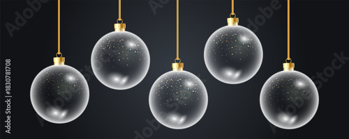 Glass bauble set. 3D transparent Christmas balls hanging for Christmas and New Year celebrations. vector illustrations