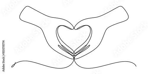 Continuous line drawing of two human hands forming a heart shape, symbolizing love, care, unity, and romance on a crisp, clear white background. Vector, illustration