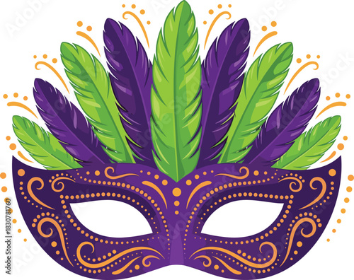 Colorful Mardi Gras mask with feathers and ornamental patterns representing carnival celebration, masquerade tradition, and festive cultural expression