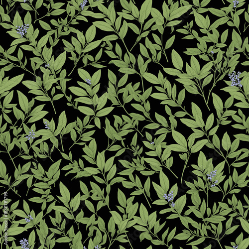 Botanical seamless pattern with leafy green branches and tiny purple flowers on dark background, decorative floral motif - AI generated