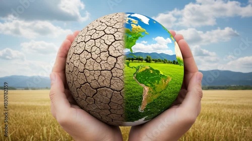 A globe held in hands, divided between dry cracked earth and lush green landscape