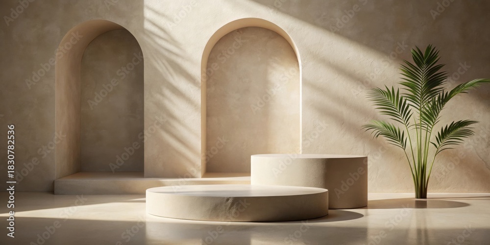 Fototapeta premium Minimalist Display Two-Tiered Beige Pedestal with Archways and Tropical Plant in Sunlit Room
