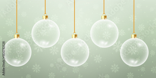 Crystal Christmas Baubles on Light Green Snowy Background Perfect for Winter, Holiday Themes, and Festive Layouts. Vector Ilustration