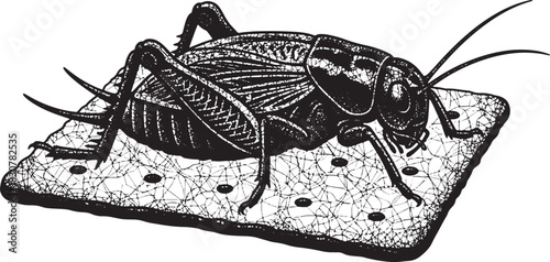 Detailed black and white illustration of a cricket on a cracker