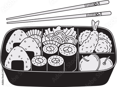 Delicious Japanese bento box with onigiri sushi tempura and fruit