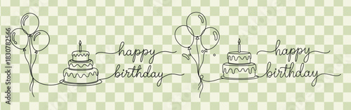 Happy birthday celebration with balloons and cake in a minimalist line art style for greeting cards
