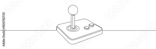 A continuous one-line drawing of a classic arcade joystick with buttons, evoking nostalgia for retro gaming, against a white background