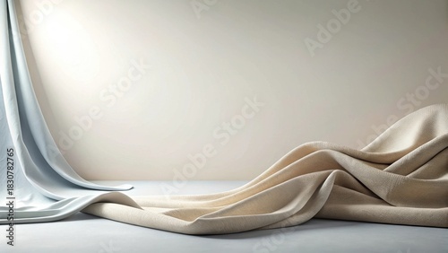 Draped Fabric Composition Light Beige and Pale Blue Textiles on Neutral Background