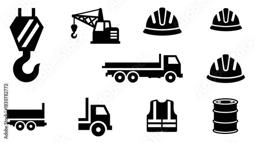 Vector set of construction site machines and heavy equipment icons
