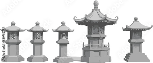 Set of Japanese Stone Lanterns (Toro) Vector Illustrations, Featuring Traditional Asian Temple and Garden Decoration, Isolated on White Background in Monochrome Style.