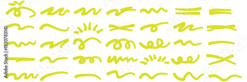 Abstract black hand drawn lines and scribbles on white background by marker or pen. Doodle chalk style design elements for highlights, text dividers, frames, or decorative purposes. Minimalist sketchy