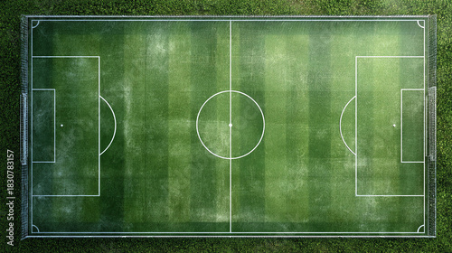 An aerial view of an empty soccer field with intricate markings