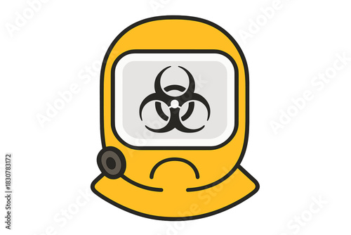 Yellow hazmat suit helmet with biohazard symbol on the visor and sad expression