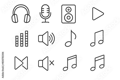 Essential outline symbols for audio, sound, music, and media playback controls