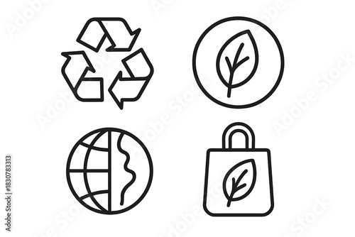 Minimalist symbols for environmental protection, recycling, global sustainability, and eco-friendly shopping