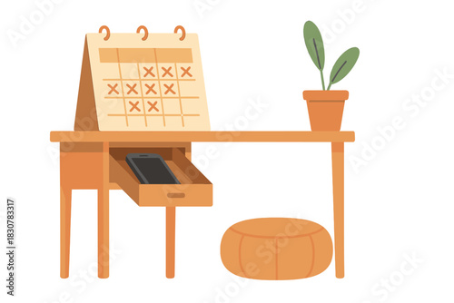 Minimalist desk setup with calendar, appointments, and smartphone hidden in drawer