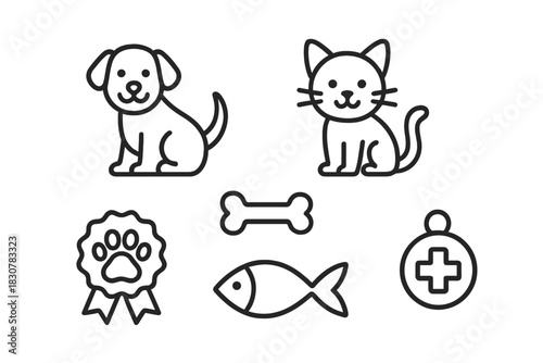 Cute dog and cat pet care icons set with bone fish and veterinary symbol