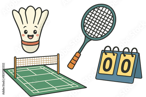 Adorable cartoon badminton set featuring a smiling shuttlecock, racket, court, and scoreboard