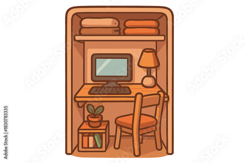 Minimalist study area built into a closet with a desktop computer, chair, and storage shelves