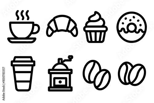 Hot coffee, takeaway cup, grinder, beans, croissant, donut, and cupcake set