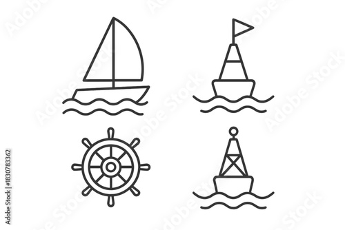 Nautical symbols including sailboat, ship's wheel, and navigational buoys floating on water