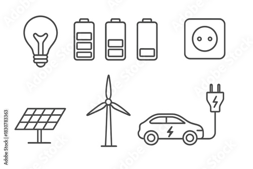 Outline icons set for sustainable energy sources, electric power, and battery charge status