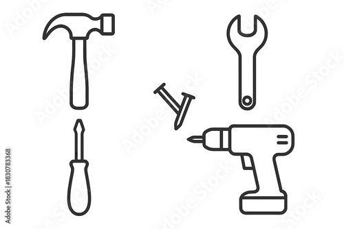 Set of essential construction and repair tools outline icons for DIY and home improvement projects