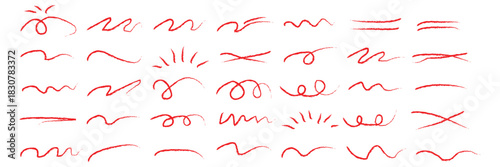 Abstract black hand drawn lines and scribbles on white background by marker or pen. Doodle chalk style design elements for highlights, text dividers, frames, or decorative purposes. Minimalist sketchy