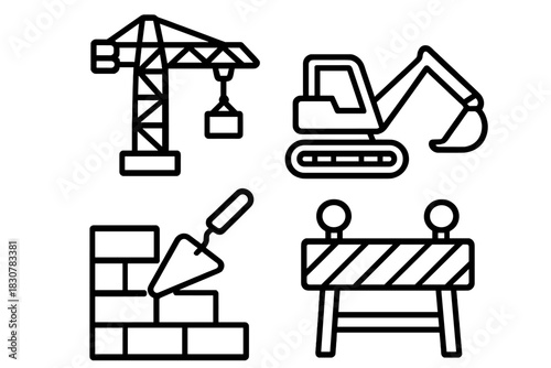 Heavy machinery and safety elements found on a construction site: crane, excavator, masonry, and barrier