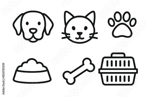 Simple black line art of domestic pets and essential care items including dog, cat, paw, food, and carrier