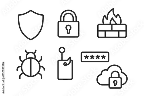 Cybersecurity and data protection concepts including firewall, padlock, and cloud security