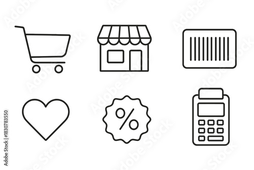Essential e-commerce and retail symbols featuring shopping cart store barcode and payment terminal