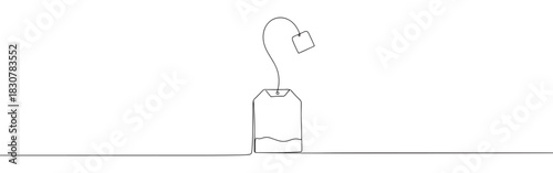 A continuous one-line drawing of a tea bag steeping in a cup, with another tea tag hanging above, against a white background
