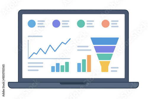 Business analytics dashboard interface with growth charts and conversion funnel on a portable computer