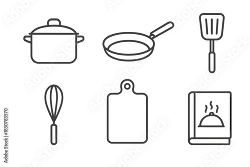 Outline icons set of essential kitchen utensils and cooking equipment symbols