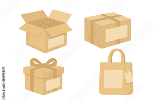 Collection of shipping boxes, wrapped parcel, gift package, and reusable shopping bag