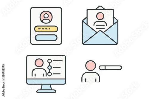 Essential UI/UX icons set featuring user profile, secure login, email message, and account deletion