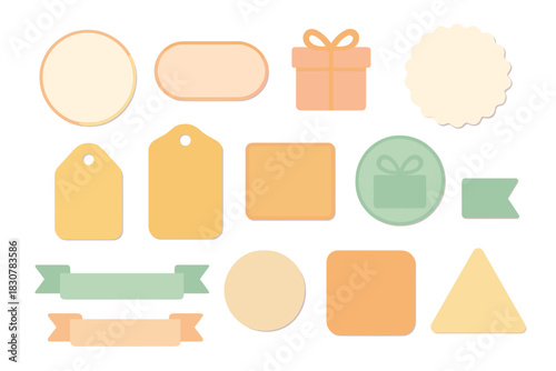 Pastel colored collection of blank labels, price tags, ribbons, banners, and geometric shapes