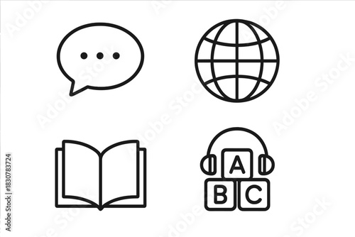 Global language education and communication icons featuring book, chat bubble, and globe