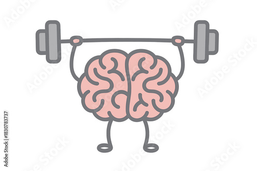 Brain character mascot lifting heavy barbell weight overhead symbolizing mental strength and cognitive fitness training