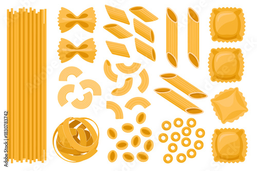Variety of uncooked pasta shapes arranged on a dark background
