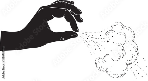 Hand gesture with emanating cloud of particles in black and white