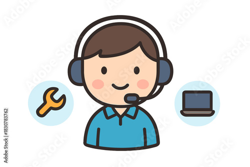 Smiling technical support agent wearing headset surrounded by wrench and laptop icons