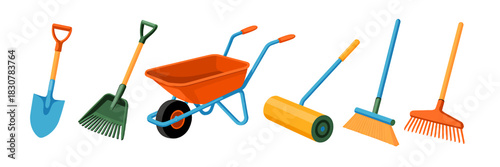 Colorful garden tools set against a dark background for gardening needs