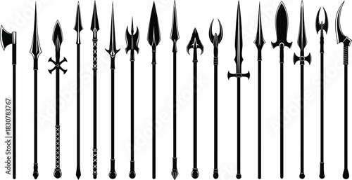 Collection of medieval spears and halberds silhouettes, ancient battle weapon vector illustration, set of war polearms isolated on white background for 