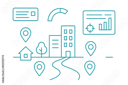 Abstract urban landscape elements with location pins and business data icons